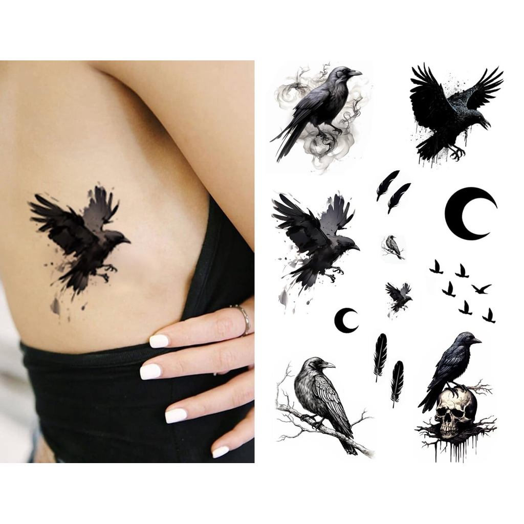 รอยสักชั่วคราว 6 แผ่น - Raven, Crow & Black Raven for Women & Men