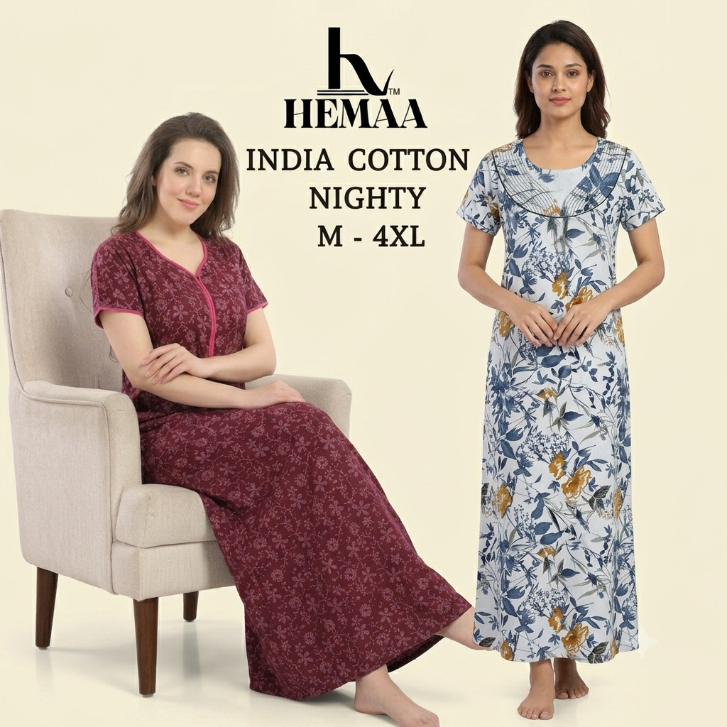 Premium Nighty / Indian Cotton Nighty / Indian Night Dress M - 4XL (ทักแชทเลือกสีเสื้อ)
