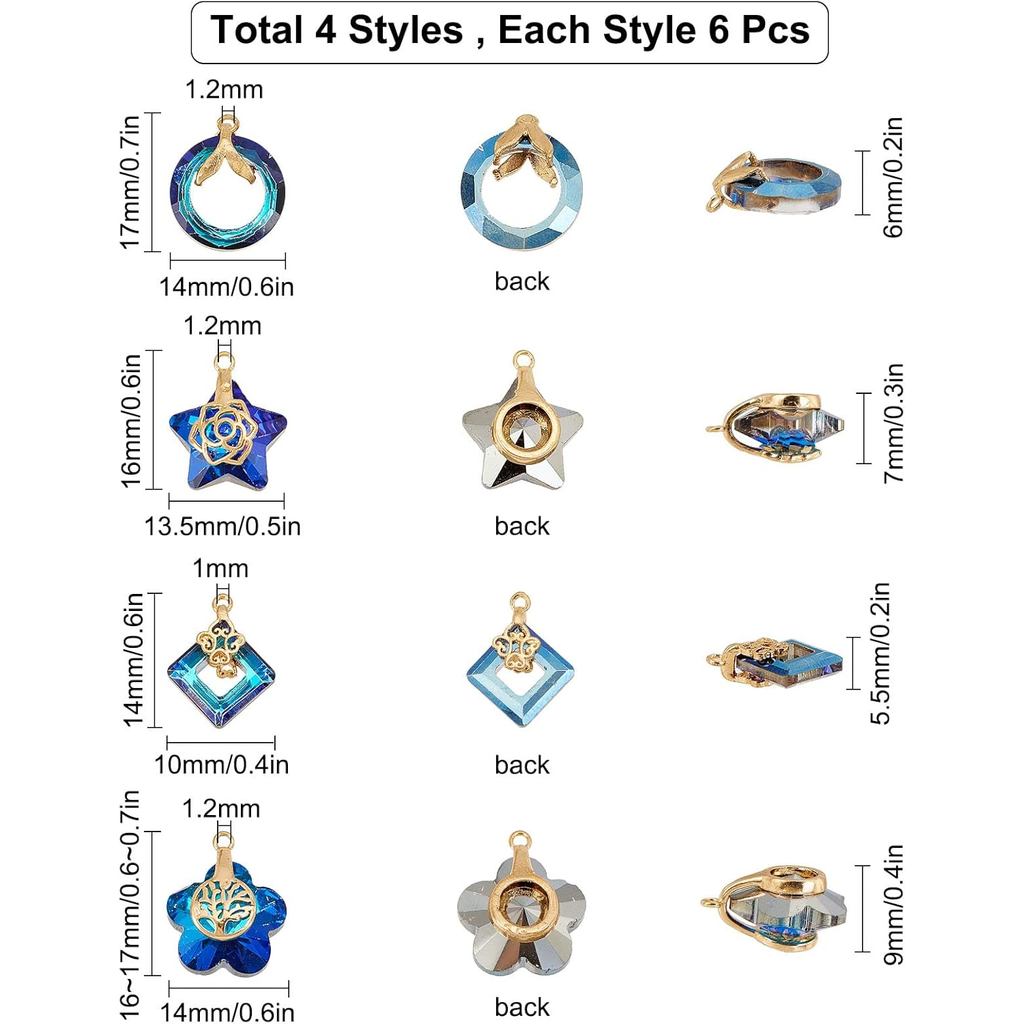 SUNNYCLUE 1 กล่อง 24 ชิ้น 4 รูปแบบ Electroplate แก้ว Charms ดอกไม้ Star คริสตัล Charms แหวน Rose Tre