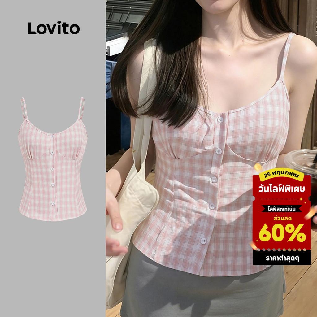(New Arrival) Lovito เสื้อลําลองผู้หญิง สีชมพู เรียบง่าย มีปุ่มด้านหน้า สไตล์ลําลอง เหมาะสําหรับฤดูใบไม้ผลิ/ฤดูร้อน เกาหลี อินเทรนด์ L197AD1030