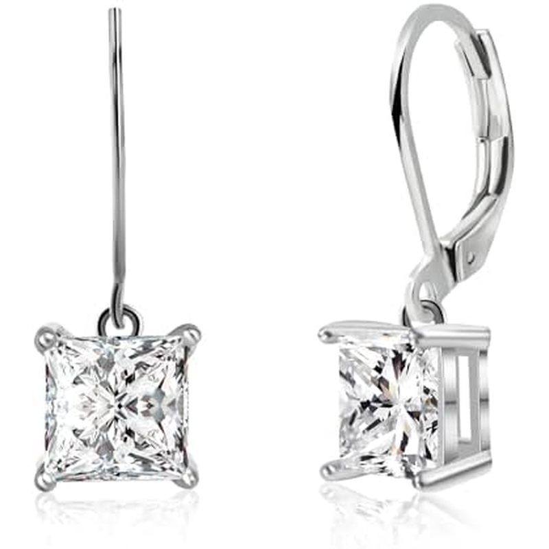 Cubic Zirconia ต่างหู Princess Cut Leverback Silver Dangle Drop เพื่อนเจ้าสาวต่างหูเพชรสําหรับผู้หญิ