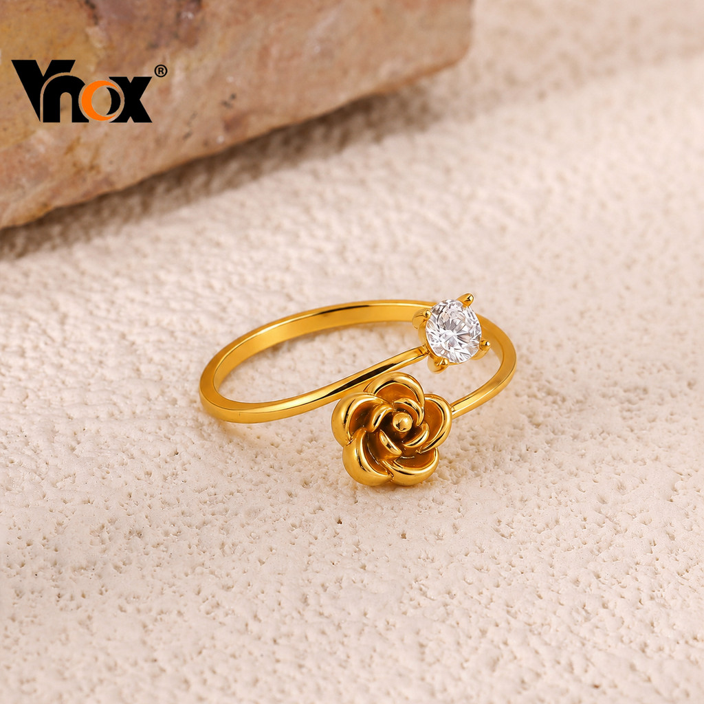 Vnox Gold Rose ดอกไม้เพทายเปิดแหวนสําหรับผู้หญิง,Non-Tarnish สแตนเลสแหวนแต่งงานเครื่องประดับ