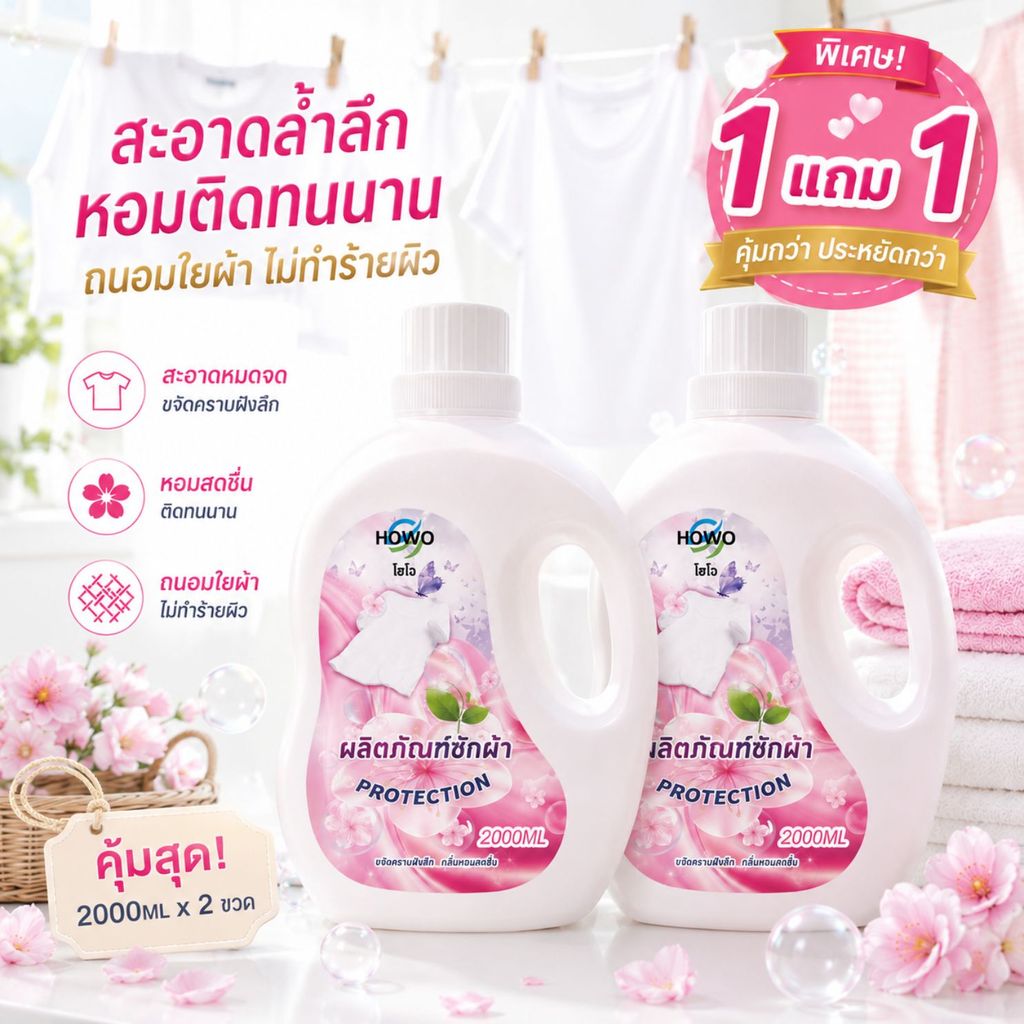 1 แถม 1 น้ำยาซักผ้า HOWO 2 L กลิ่นหอมสดชื่น ขจัดคราบฝังลึก ลดกลิ่นอับชื้น หอมติดผ้านาน
