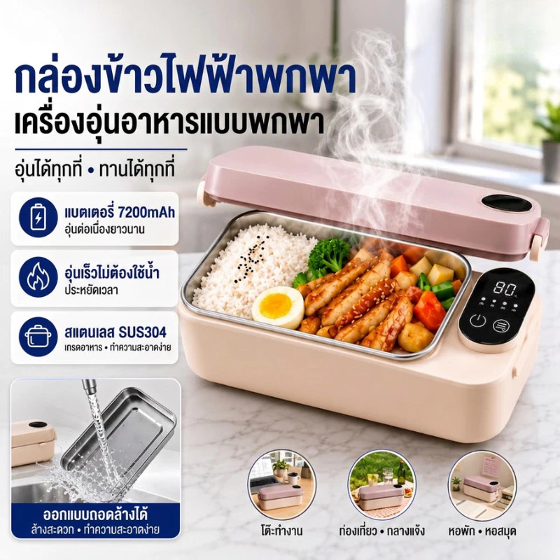 🇹🇭ส่งจากไทย🇹🇭 กล่องอาหารกลางวันไฟฟ้าแบบพกพา ทำจากสแตนเลส 304 ไม่ต้องเติมน้ำ อุ่นอาหารอัตโนมัติ แบตเตอรี่ 7200mAh กล่องอาหารกลางวันไฟฟ้าไร้สาย