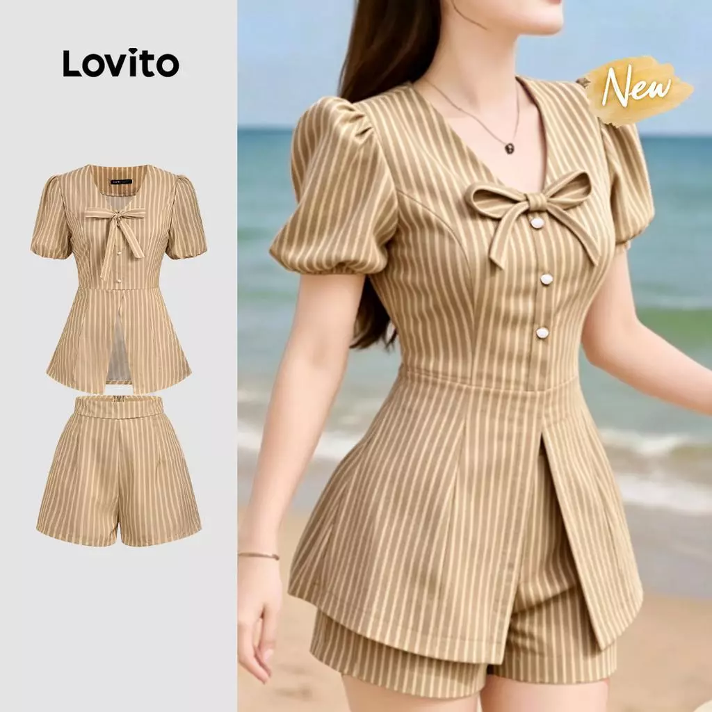 (New Arrival) Lovito เสื้อหรือกางเกงแบบผูกเอวสุดหรูหรา สไตล์รีสอร์ทลําลอง สําหรับฤดูใบไม้ผลิ/ฤดูร้อน สีคากี L196ED150