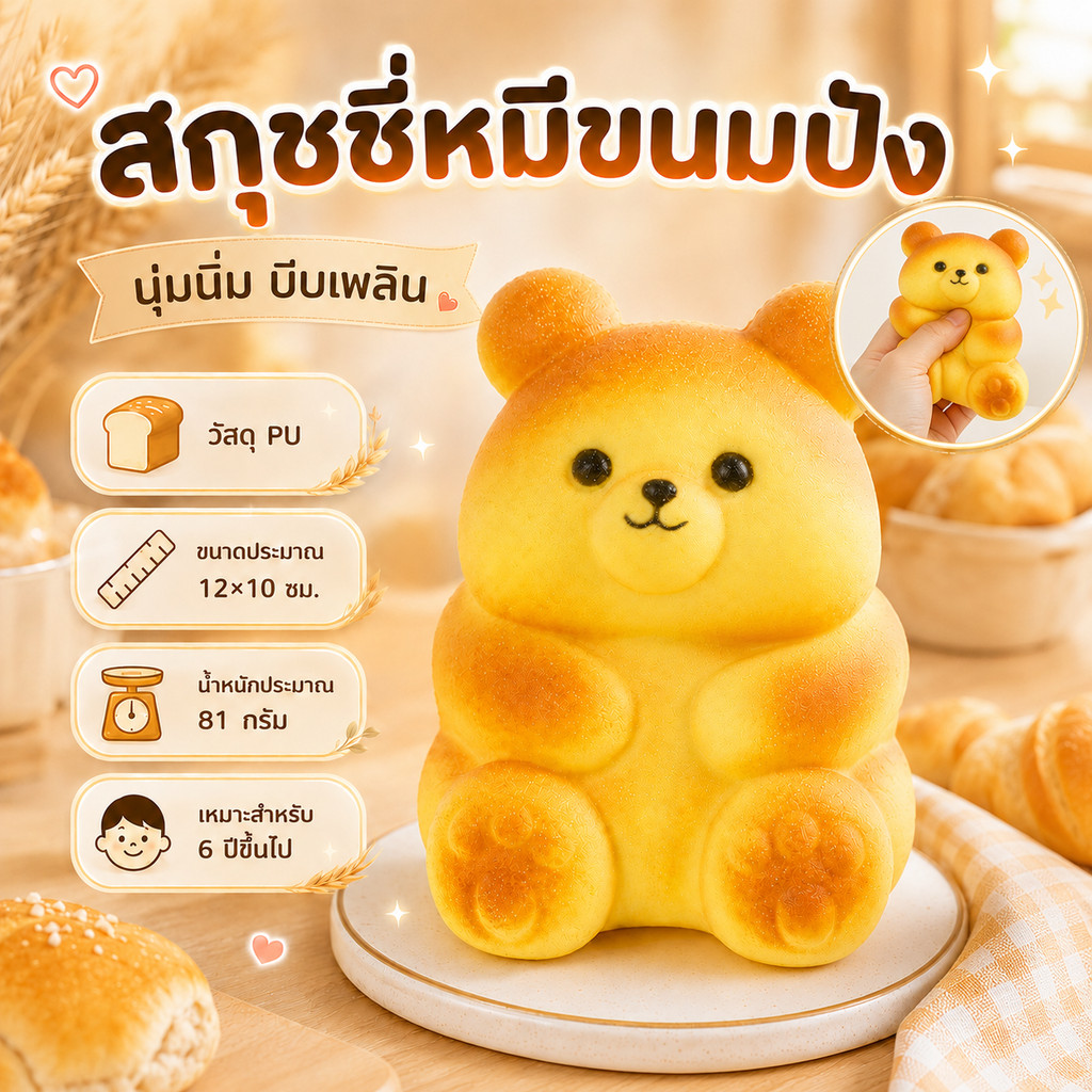 ส่งไว สกุชชี่หมีขนมปัง PU นุ่มเด้ง บีบเล่นคลายเครียด ดีไซน์เหมือนขนมจริง ของเล่นเสริมสัมผัส สำหรับเด็กและโต๊ะทำงาน