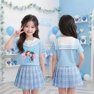 ชุดเซ็ทเด็กผู้หญิง สีฟ้า วันแม่ เสื้อปกทหารเรือ กระโปรงอัดพลีท