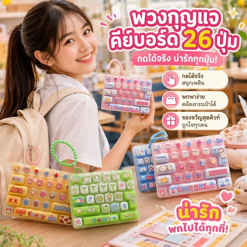 พวงกุญแจคีย์บอร์ด 26 ปุ่ม กดได้จริง ของเล่นกดคลายเครียด Kawaii ห้อยกระเป๋า น่ารัก พวงกุญแจ