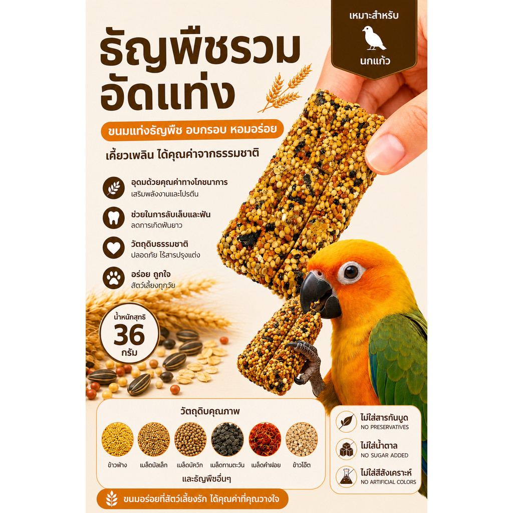 Parrot.thailand ขนมแท่งธัญพืชรวม 36g สำหรับนกแก้วโดยเฉพาะ! ลับฟัน บำรุงขน สารอาหารครบ อร่อย ถูกใจแน่นอน
