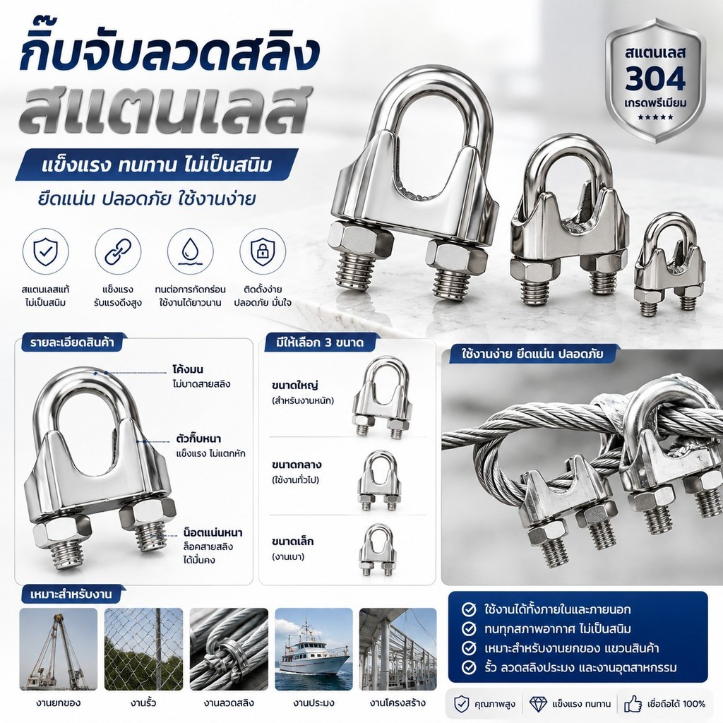 ⭐️ขายปลีก/ส่ง⭐️กิ๊บจับลวดสลิง กิ๊บล็อคสลิง แคมป์ล็อคสลิง สแตนเลส ขนาด M3/M5/M6/M8/M10/M12 พร้อมส่ง #