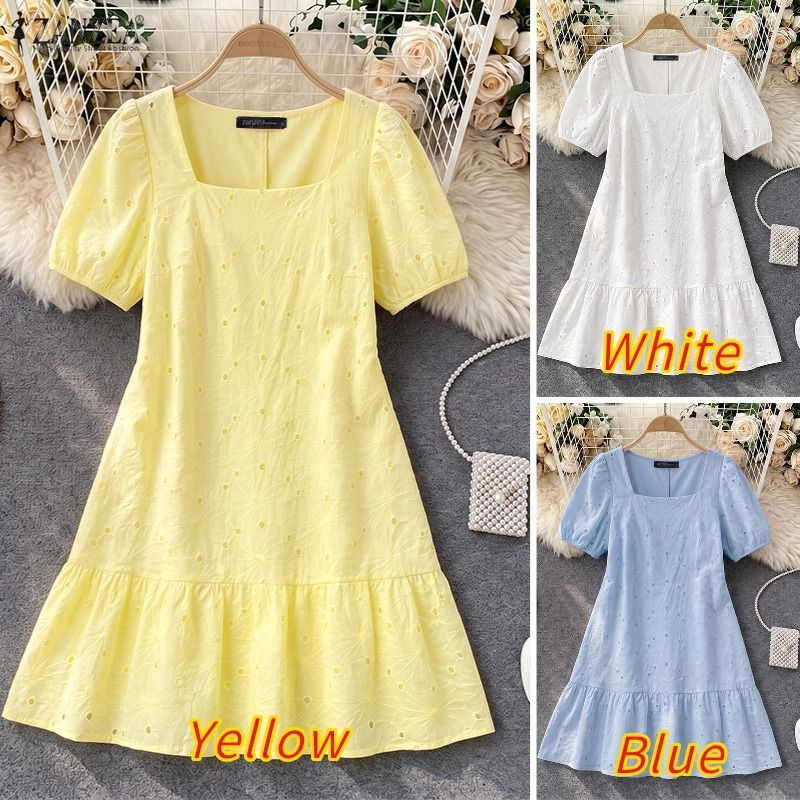 ZANZEA ผู้หญิงวันหยุดเกาหลี Vibes สแควร์คอพัฟแขน Hollow Lace Ruffles Hem A-Line Dresses — صورة 3