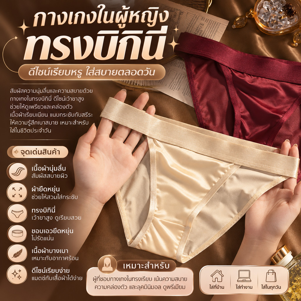 กางเกงในผู้หญิงบิกินี่ ดีไซน์มินิมอล ผ้าซาตินสัมผัสนุ่ม เว้าขาสูง ขอบเอวนุ่ม ยืดหยุ่น ไม่รัดแน่น ใส่ได้ทุกวัน