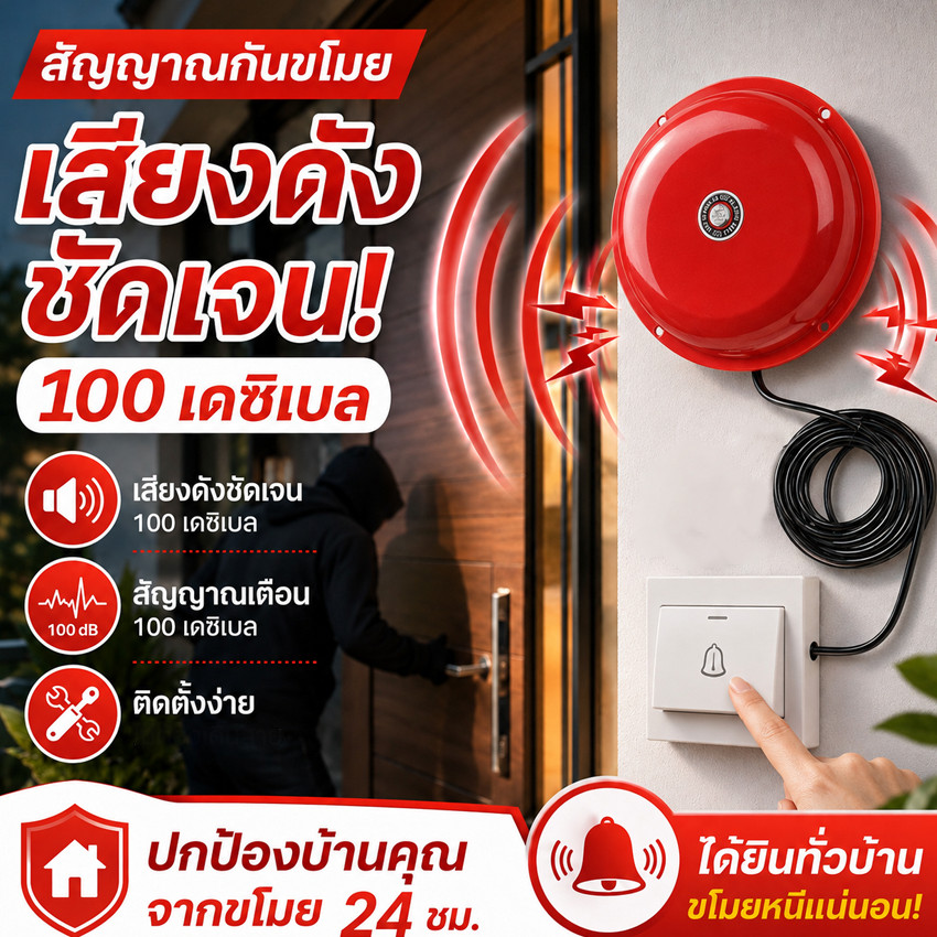 สัญญาณกันขโมย กระดิ่งไฟฟ้าสีแดง 220V มีสาย 4/6/8นิ้ว กระดิ่งเตือนไฟไหม้ อุปกรณ์เตือนภัยความปลอดภัย Alarm Bell