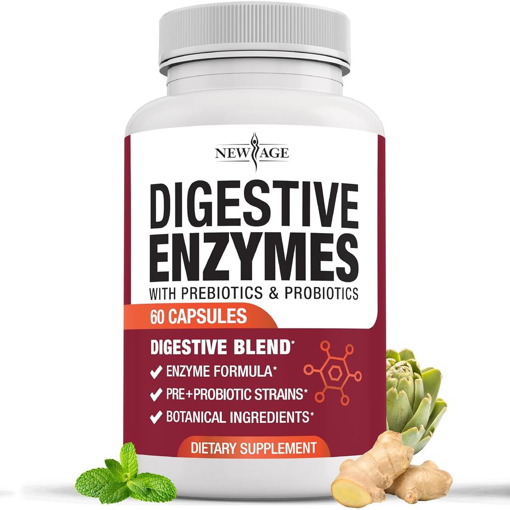 NEW AGE Digestive Enzymes for Gut Health - Probiotic Multi Enzymes with Prebiotics and Probiotics wi