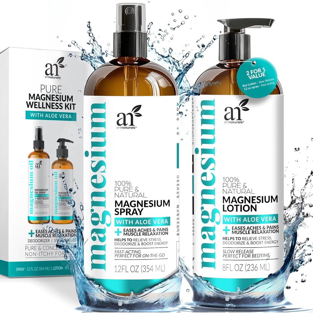 ArtNaturals Magnesium Oil Spray 12 oz + Body Massage Lotion Set 8oz for Feet & - Extra Strength Crea