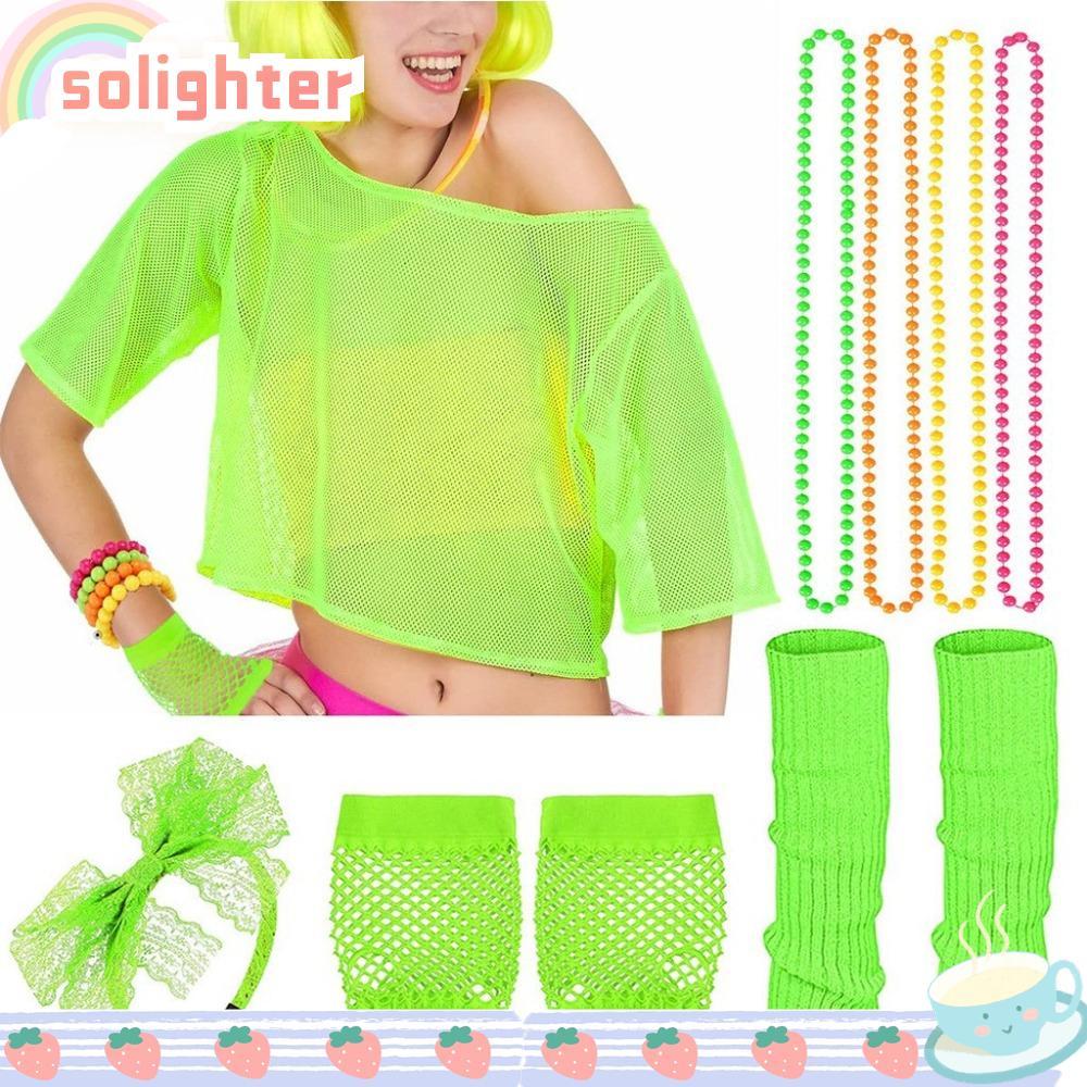 SOLIGHTER Fishnet สร้อยคอชุด, ขาอุ่นแถบคาดศีรษะ 80s เครื่องแต่งกายชุดอุปกรณ์เสริม, Retro หลากสี สร้อ