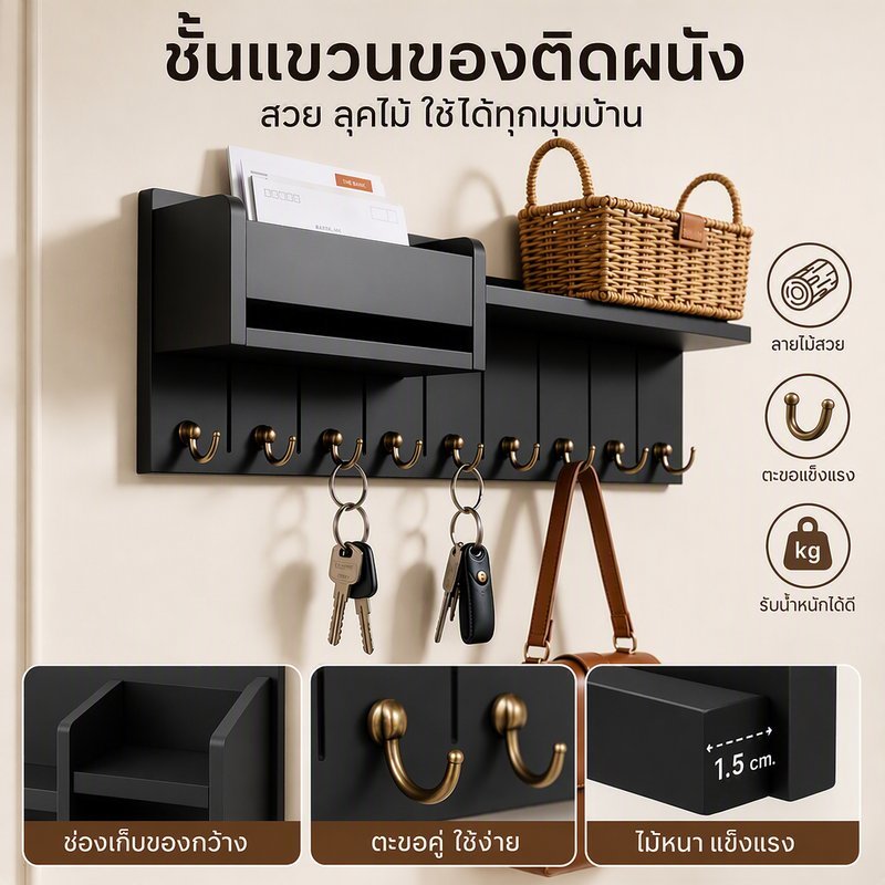 ที่แขวนกุญแจติดผนัง ที่เก็บกุญแจ ไม้เนื้อแข็ง แข็งแรง ที่เก็บของติดผนัง โถงทางเข้า ห้องครัว ห้องนั่งเล่น