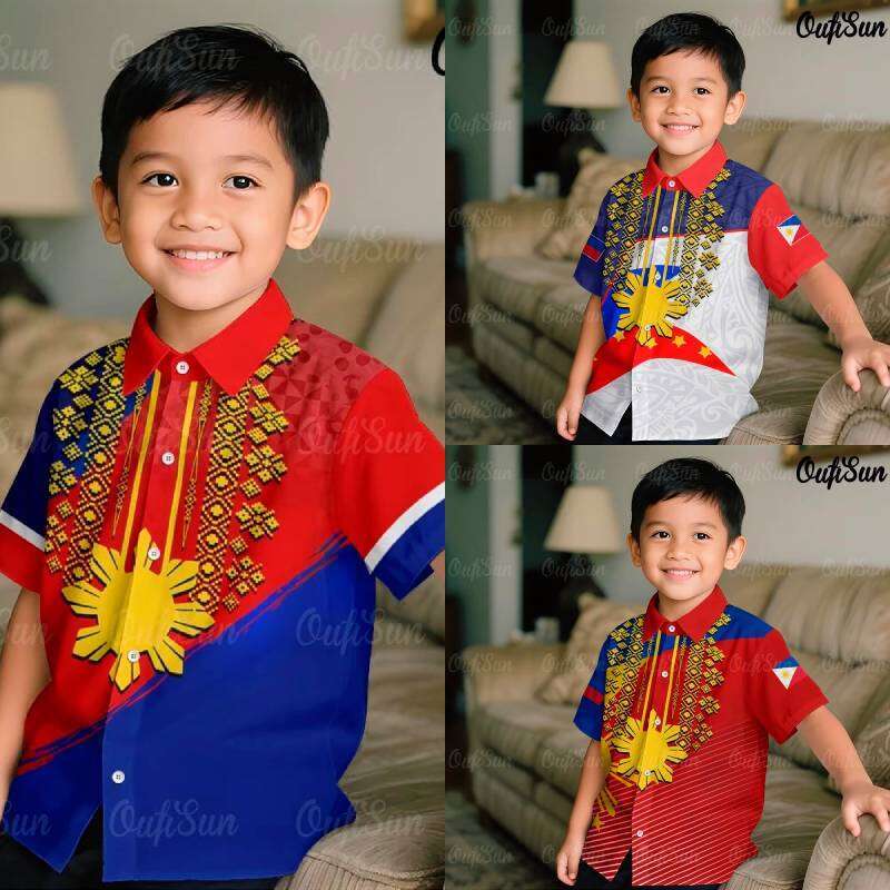 เครื่องแต่งกายเด็กชาย Buwan Ng Wika Barong Tagalog เด็กแขนสั้นอย่างเป็นทางการสําหรับกิจกรรมโรงเรียนเ