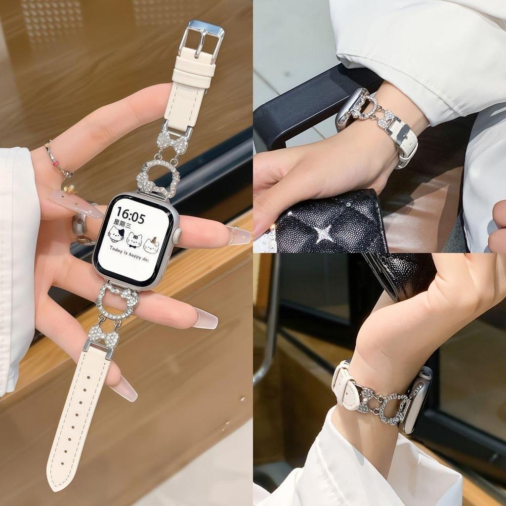 สายนาฬิกา ประดับเพชรฮัลโลคิตตี้ หลายสี ใส่แล้วน่ารัก สายหนังบาง ใช้ได้กับขนาด 38/40/41/42/44/45/46/49 มม.