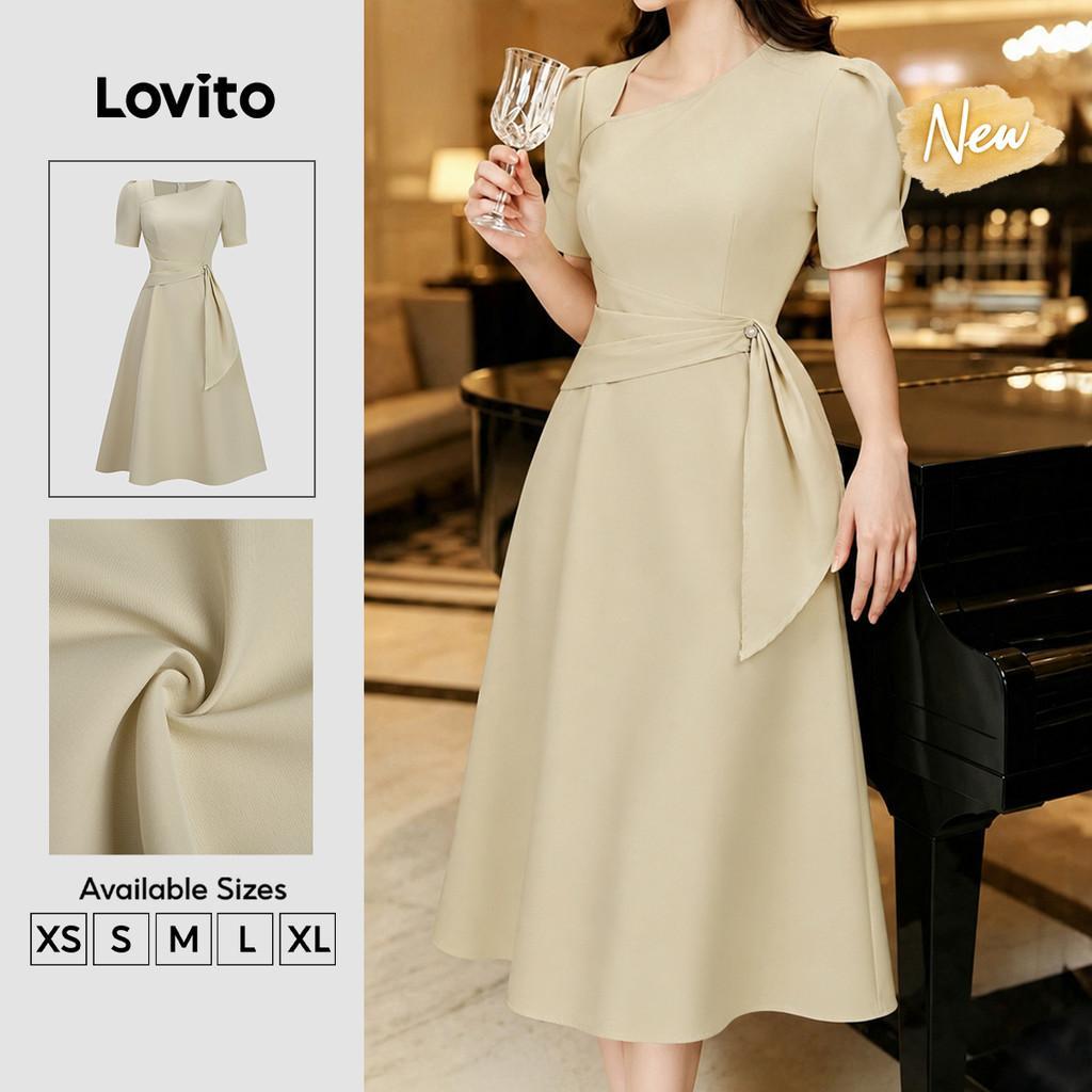 (New Arrival) Lovito ชุดเดรสผู้หญิงทรงเอไลน์ไม่สมมาตร สไตล์เรียบหรู สีเหลืองแอปริคอต เหมาะสําหรับฤดู