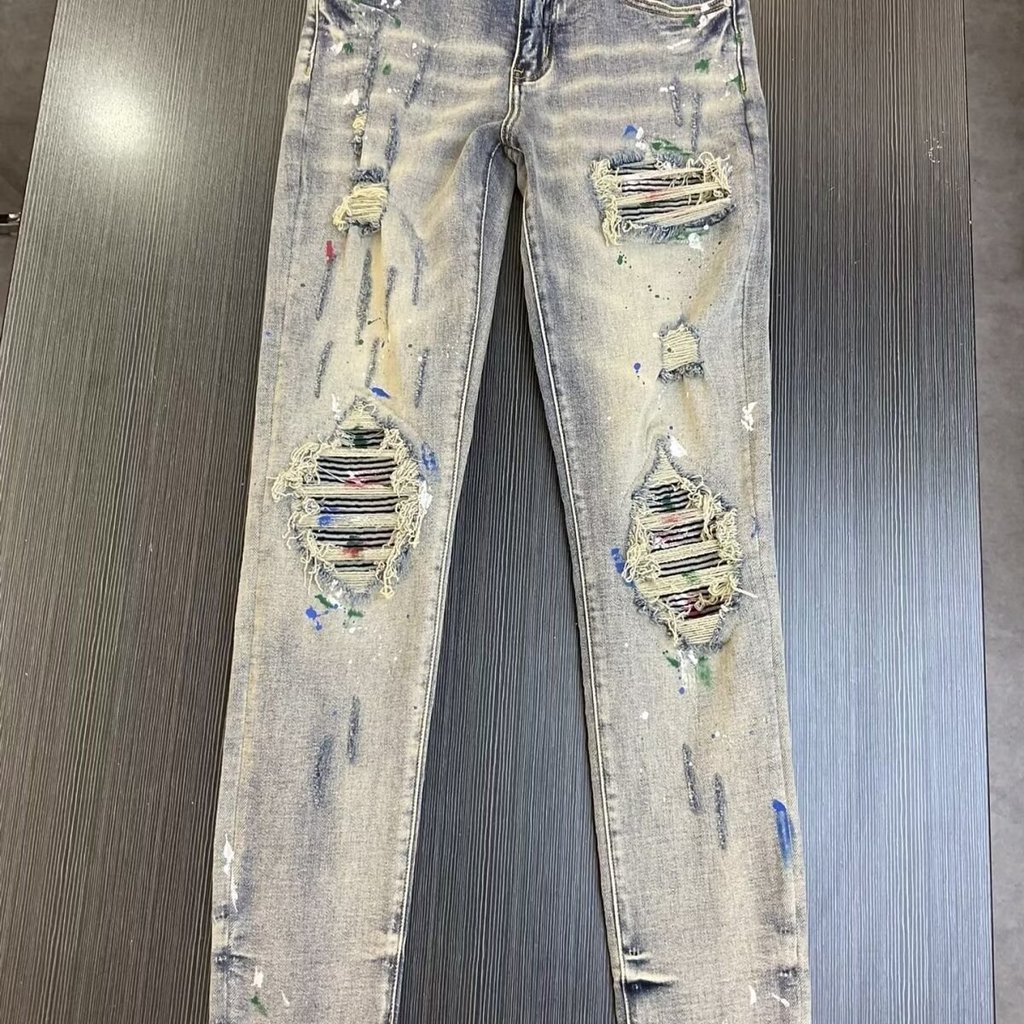 American High Street Street Wear amiri Retro Distressed Splash Ink Ripped Patch Jeans Men Stretch Slim-fit Skinny Pants