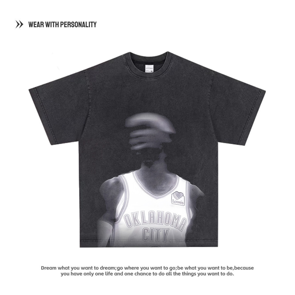 [มีสินค้า] เสื้อยืดแขนสั้นบาสเก็ตบอลผ้าฝ้ายแท้ คอเล็ก สไตล์เรโทรสตรีทอเมริกัน ลาย Thunder team Alexa