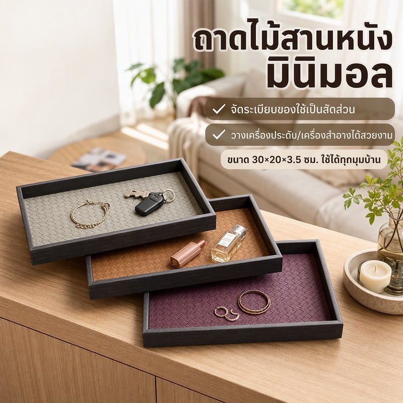 ถาดจัดระเบียบ ของตกแต่งบ้าน ไม้สานหนัง PU สไตล์มินิมอล จัดของเป็นสัดส่วน ใช้ได้อเนกประสงค์