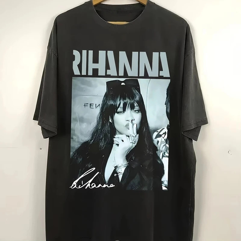 Rihanna เสื้อยืดพิมพ์ลายวินเทจ, เสื้อเชิ้ตแขนสั้น Rihanna unisex, Rihanna ชุดลําลอง, คอกลมคลาสสิก