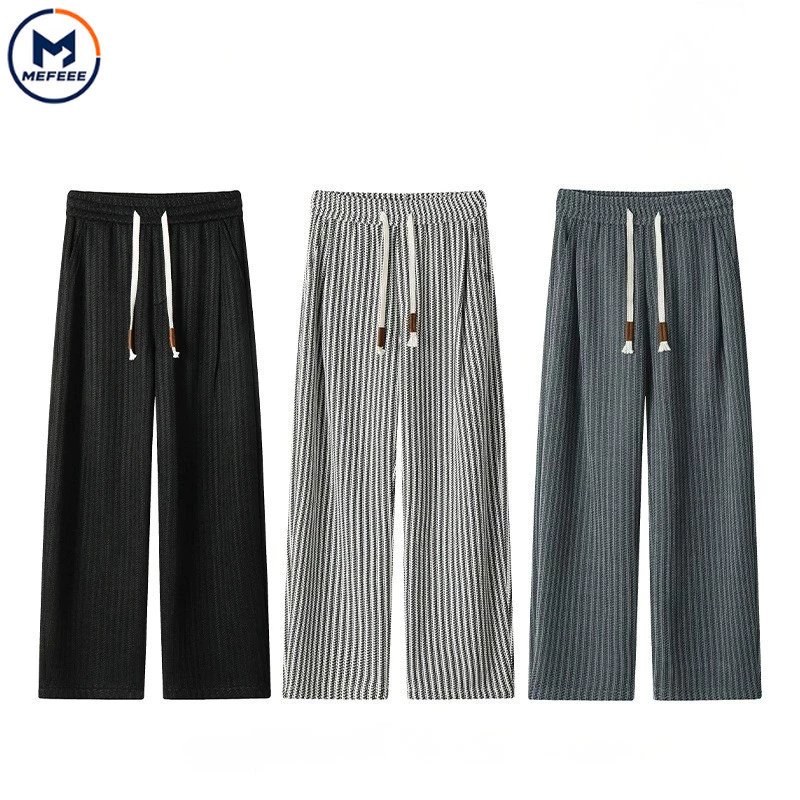 MEFEEE Unisex เกาหลีหลวมกางเกงขากว้างฤดูร้อนบาง Flowy น้ําหนักเบาชายหาดกางเกงขายาวสําหรับชายสีดําสีขาวสีเทา M-5XL