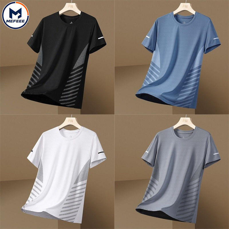 MEFEEE เสื้อผู้ชายฤดูร้อนจากผ้าไหมน้ำแข็ง แห้งเร็ว แขนสั้น ทรงหลวมสำหรับกิจกรรมกลางแจ้งและออกกำลังกาย