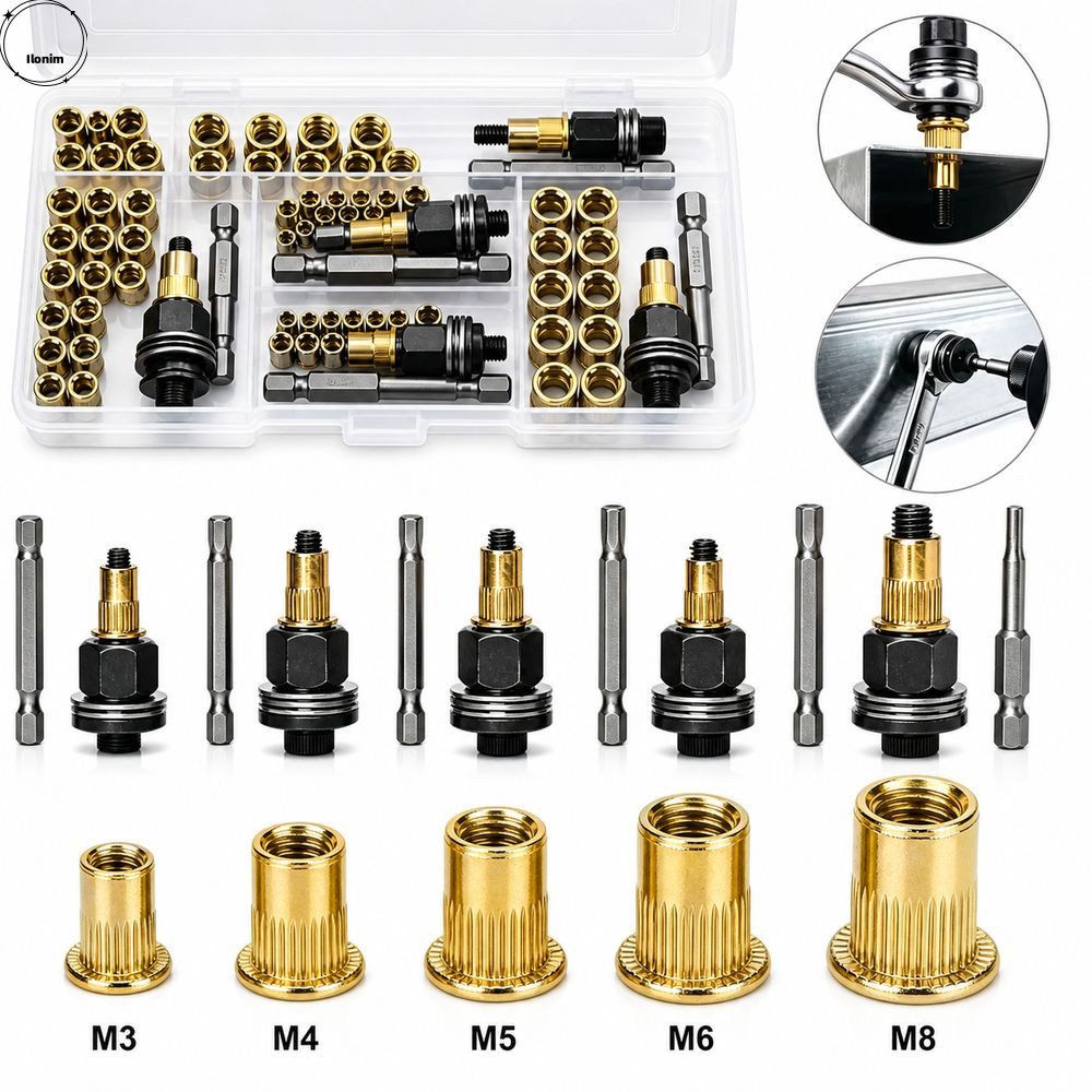 ILONIM 60 ชิ้นชุดอะแดปเตอร์น็อตหมุดย้ํา, โลหะเปลี่ยน Mandrels Rivet Nut Assembly, แผ่นเก็บช่องเกลียวโลหะทํางาน Rivet Nut Mandrel ชุด