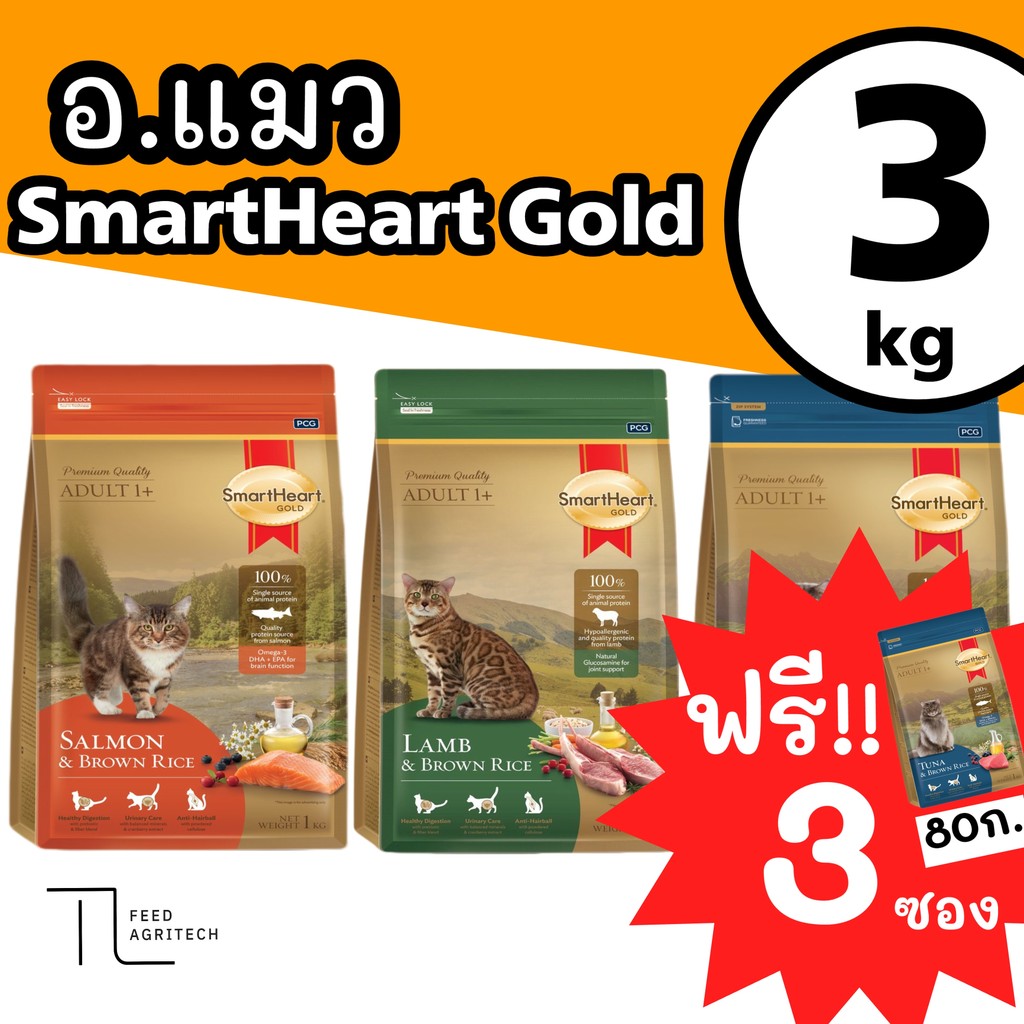 ของใหม่ พร้อมส่ง แมว smartheart gold อาหารแมว สมาร์ทฮาร์ท โกลด์ เกรดพรีเมี่ยม  ถุงทอง ขนาด 3 kg.
