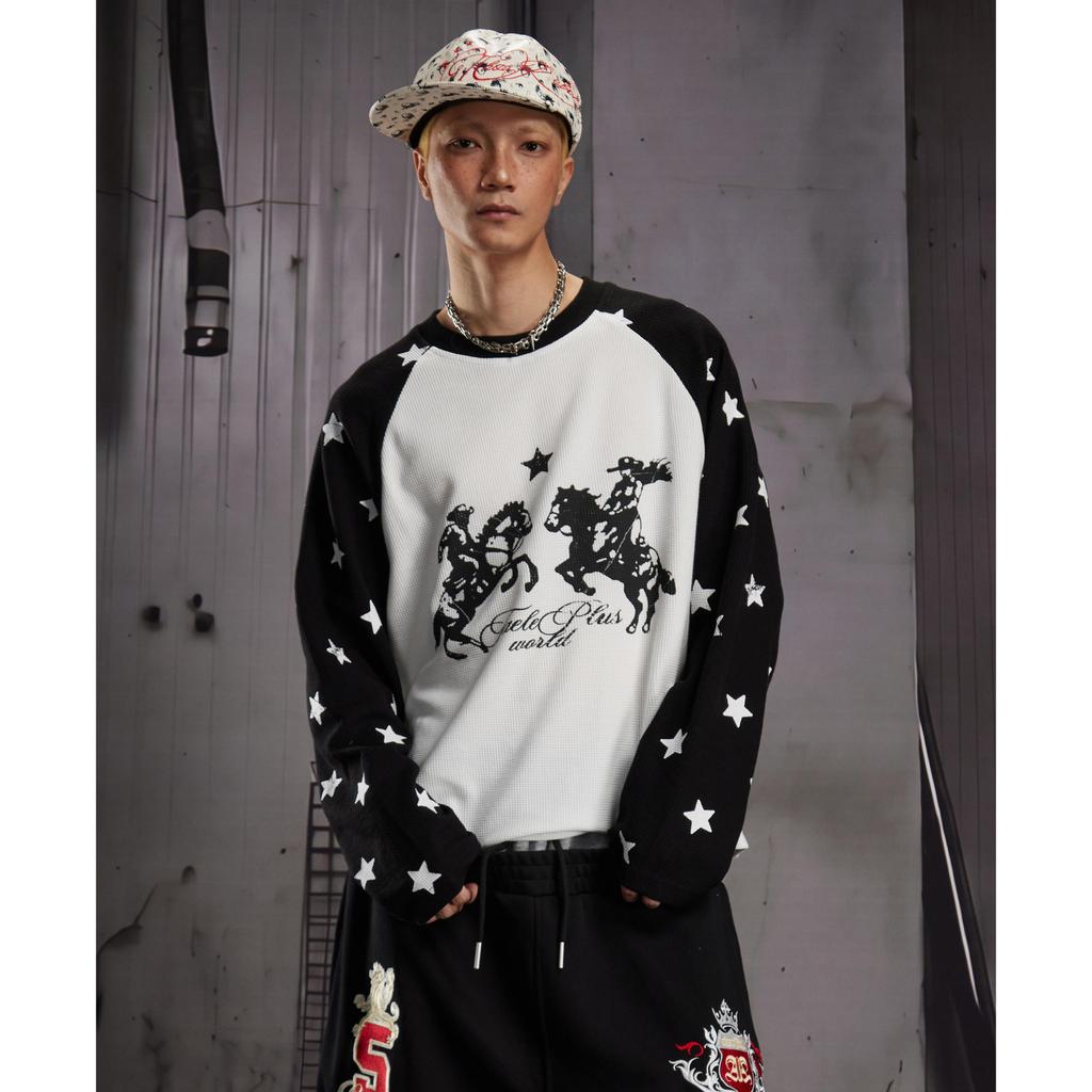 SUIKONE ซุยโคเนะ เสื้อยืดผู้ชายแขนยาวแบรนด์แฟชั่นอเมริกัน วาฟเฟิลสีตัดกันสไตล์เป็นกลาง — صورة 7