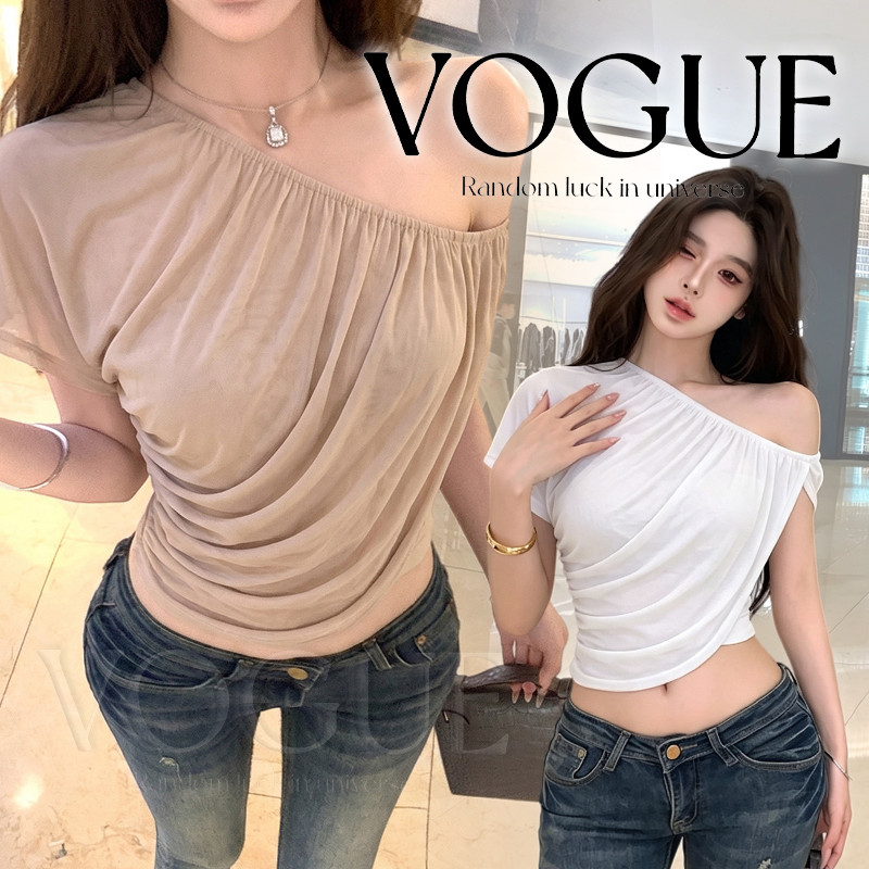 Vogue🌟พร้อมส่ง🌟 เสื้อครอปปาดไหล่สองชั้น ผ้ายืดใส่ได้ทั้งหน้าและหลัง สไตล์เกาหลีระบายอากาศได้ดี (FY1335)