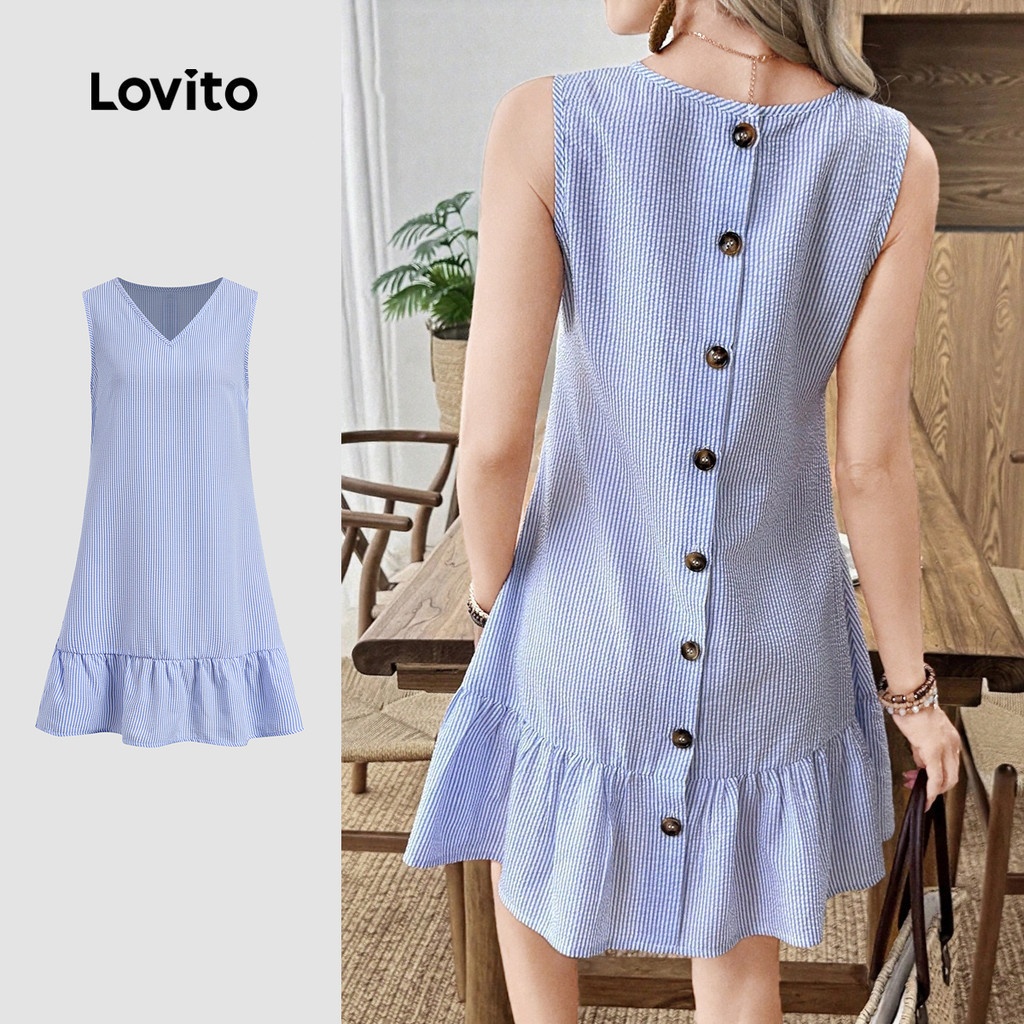 Lovito แคชชวล เดรสลําลองติดกระดุมชายระบายสําหรับฤดูใบไม้ผลิ/ฤดูร้อน สีฟ้า ขาว สําหรับผู้หญิง LBL3230