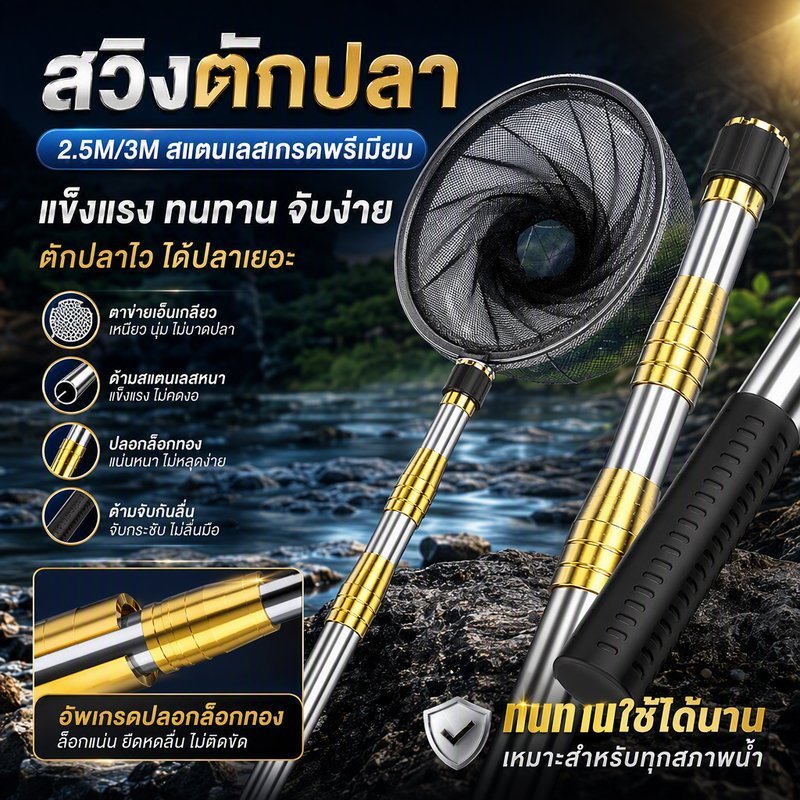 สวิงตักปลา2.5m/3m ฉมวกยิงปลา สแตนเลสทนทานตกปลาสุทธิ ที่ตักปลา แหเอ็นเกลียว สุ่มจับปลา