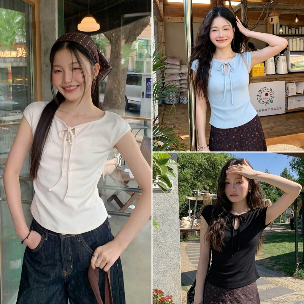 Beryl พร้อมส่ง เสื้อผ้าผู้หญิง สไตล์เกาหลี เสื้อแขนสั้นผูกเชือกเจาะช่อง ฤดูร้อน รัดรูปทำให้ผอม สีพื้น เสื้อชั้นใน