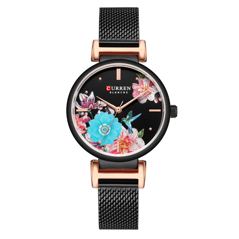 CURREN/CURREN 9053 กันน้ําสุภาพสตรีนาฬิกาตาข่ายเรียบง่ายพร้อมนาฬิกาลายนาฬิการอบ