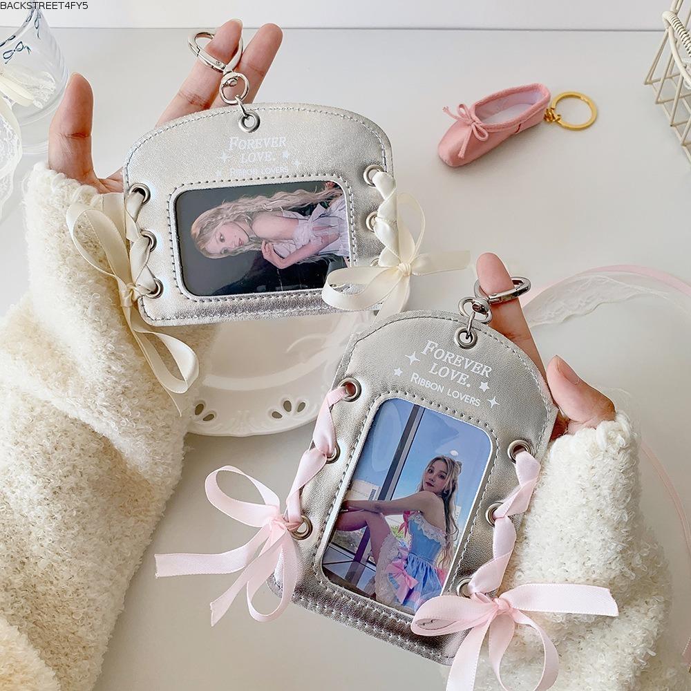 BACKSTAGERET4FC3 Card Holder, Bow Shiny Silver Idol Photo Card Protective Cover, Fashion Card Storag