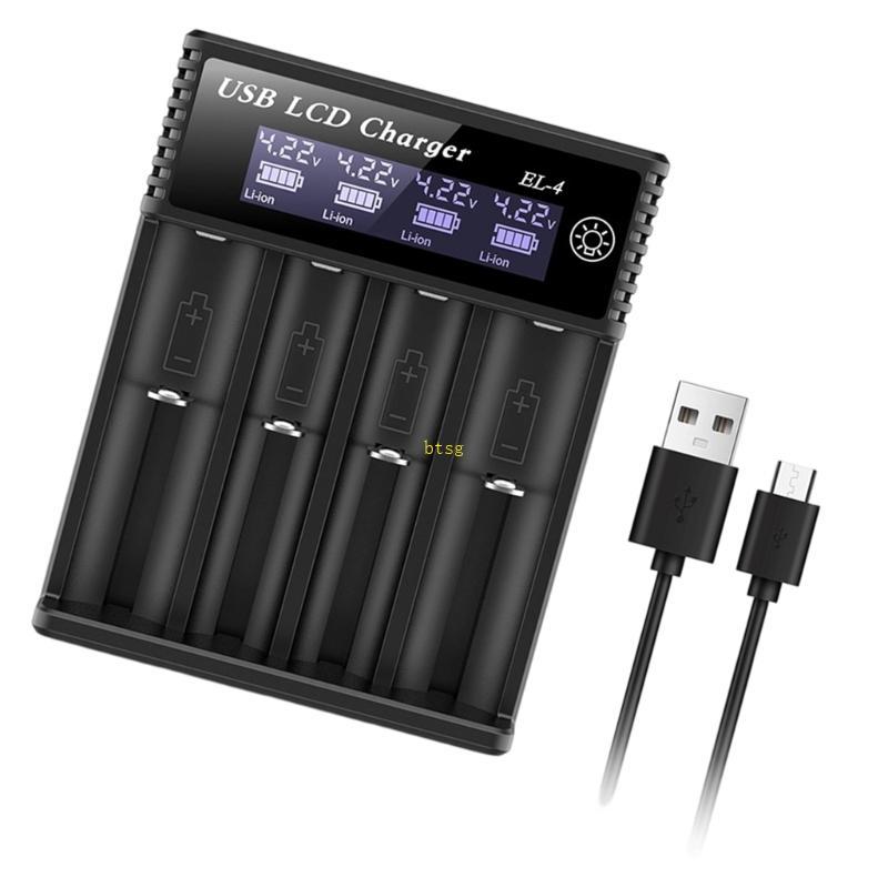 Btsg เครื่องชาร์จแบตเตอรี่ลิเธียม 4 ช่องพร้อมจอแสดงผล LCD แท่นชาร์จขับเคลื่อน USB สําหรับ 18650 2170