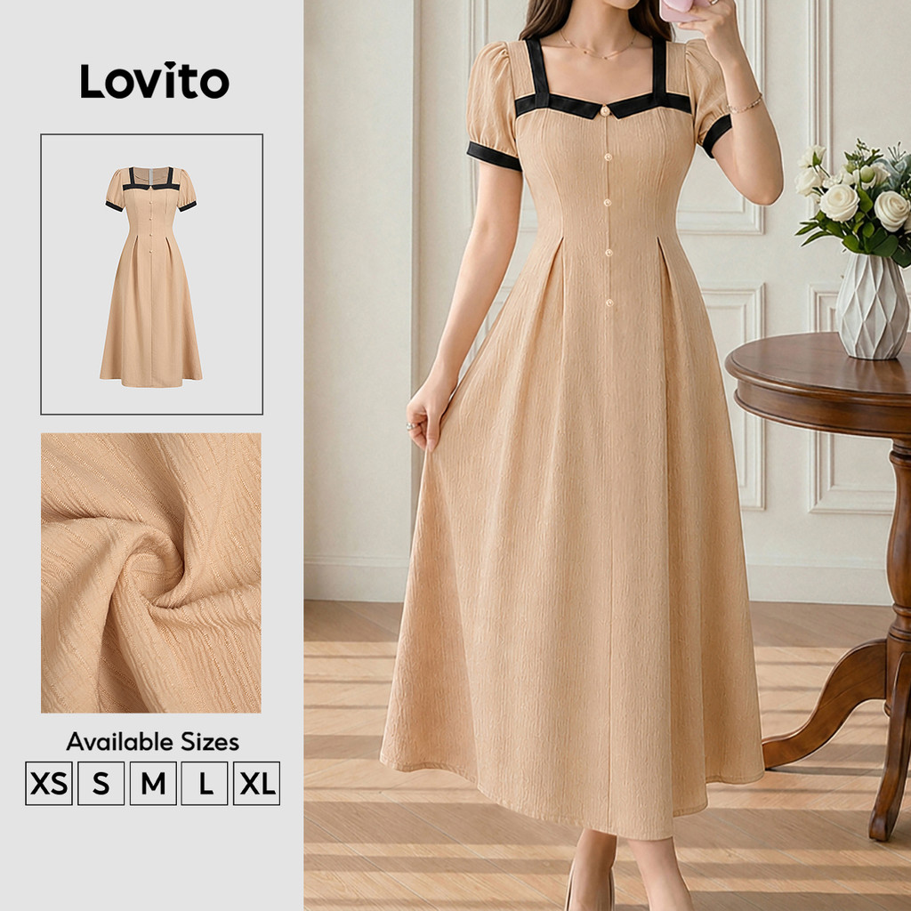 (New Arrival) Lovito สง่างาม เดรสยาวทรงเอไลน์ ประดับกระดุมและไข่มุก สำหรับฤดูใบไม้ผลิและฤดูร้อน เหมาะสำหรับใส่ทำงาน DRB201P1D154