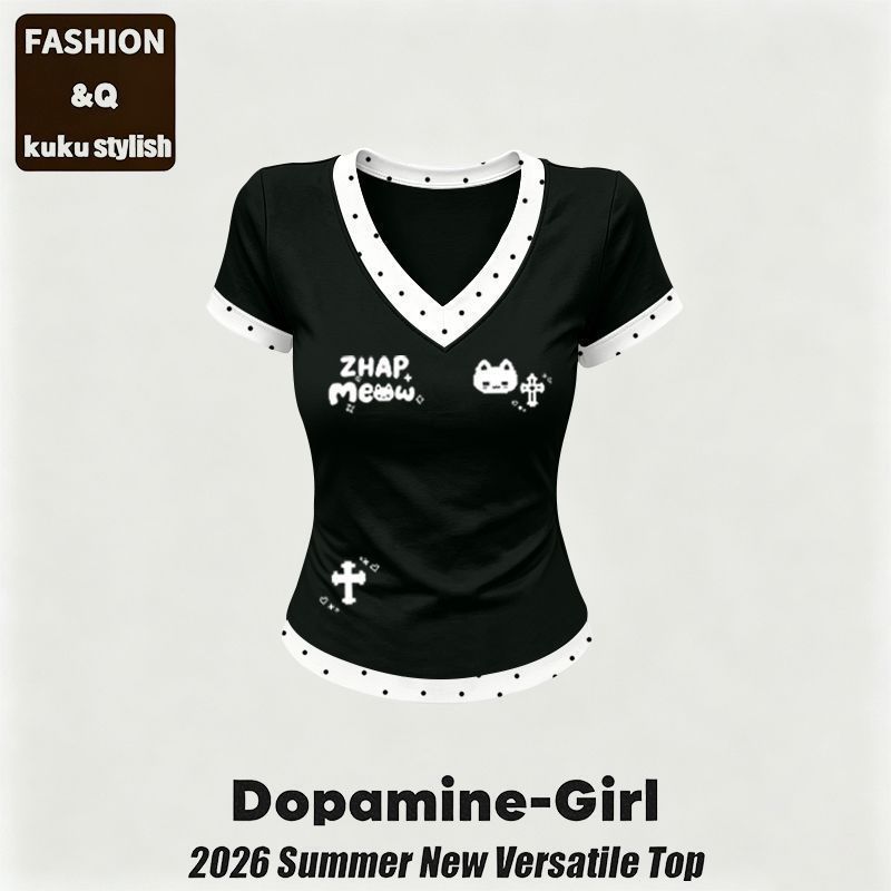ฤดูร้อนBreathableแขนสั้นPka Dotเย็บVคอSlimmerดูSlim-Fitผู้หญิงHigh-Endพิมพ์รูปแบบด้านบน