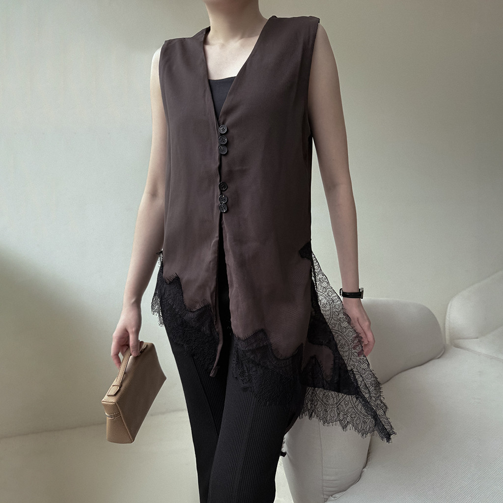 Henley Laceไม่สมมาตร Vest Top / Outer