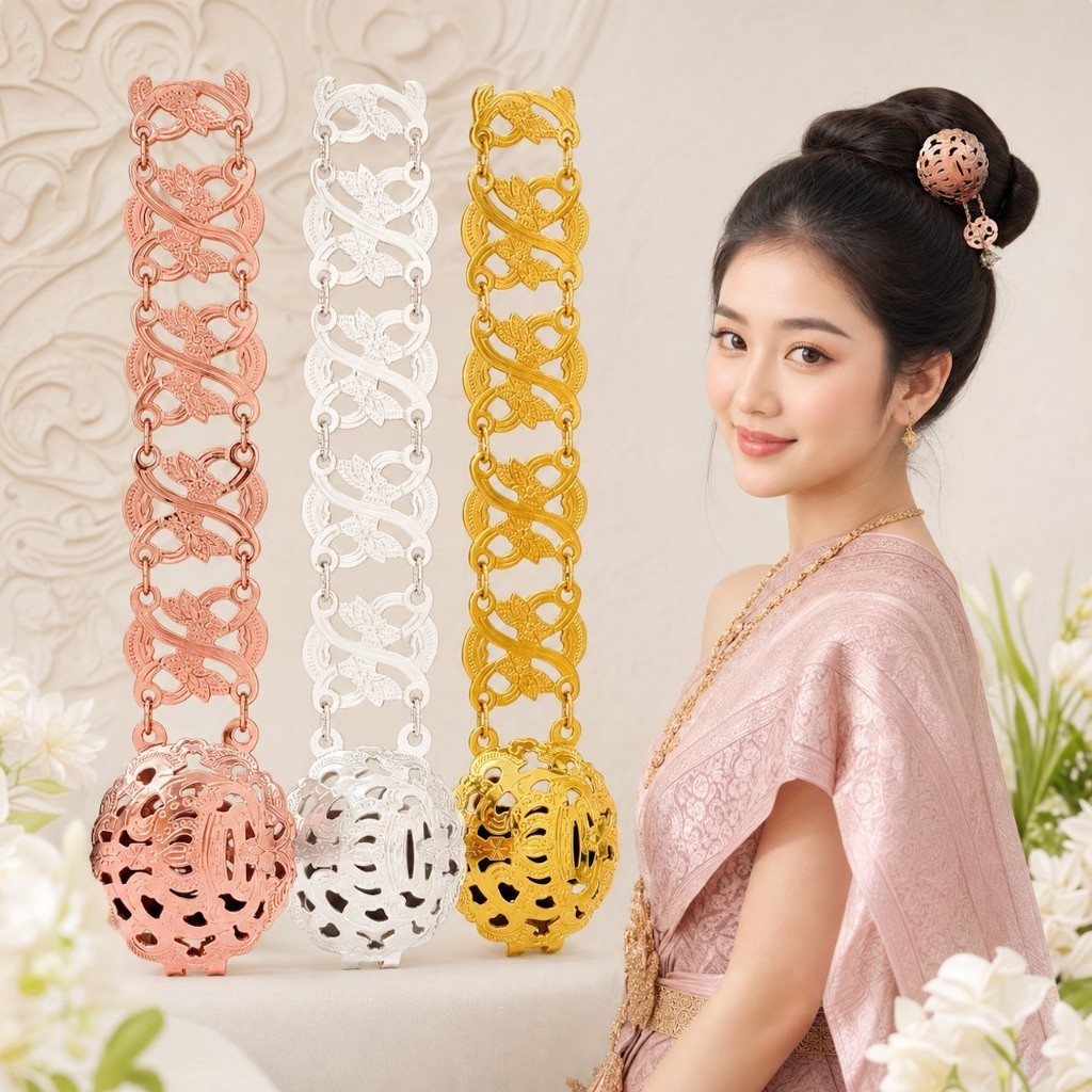 เข็มขัดไทยโบราณ ลายดอกประจำยามประยุกต์ 3 สี สำหรับชุดไทย งานแต่ง งานบุญ ลอยกระทง