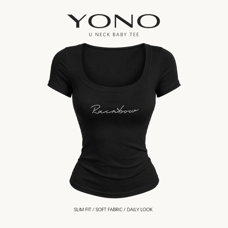 (พร้อมส่ง24ชม.) YONO เสื้อ Baby Tee คอยูผู้หญิงทรงเข้ารูป ลายตัวอักษรลายมือประดับเพชร สไตล์เกาหลี