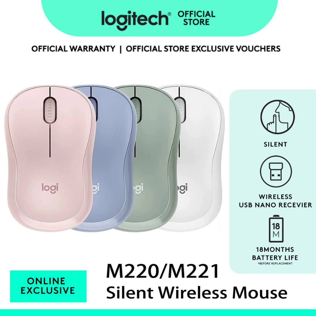 เมาส์ไร้สาย Logitech M221/M220 SILENT, 2.4 GHz พร้อมตัวรับสัญญาณ USB, การติดตามออปติคัล 1000 DPI