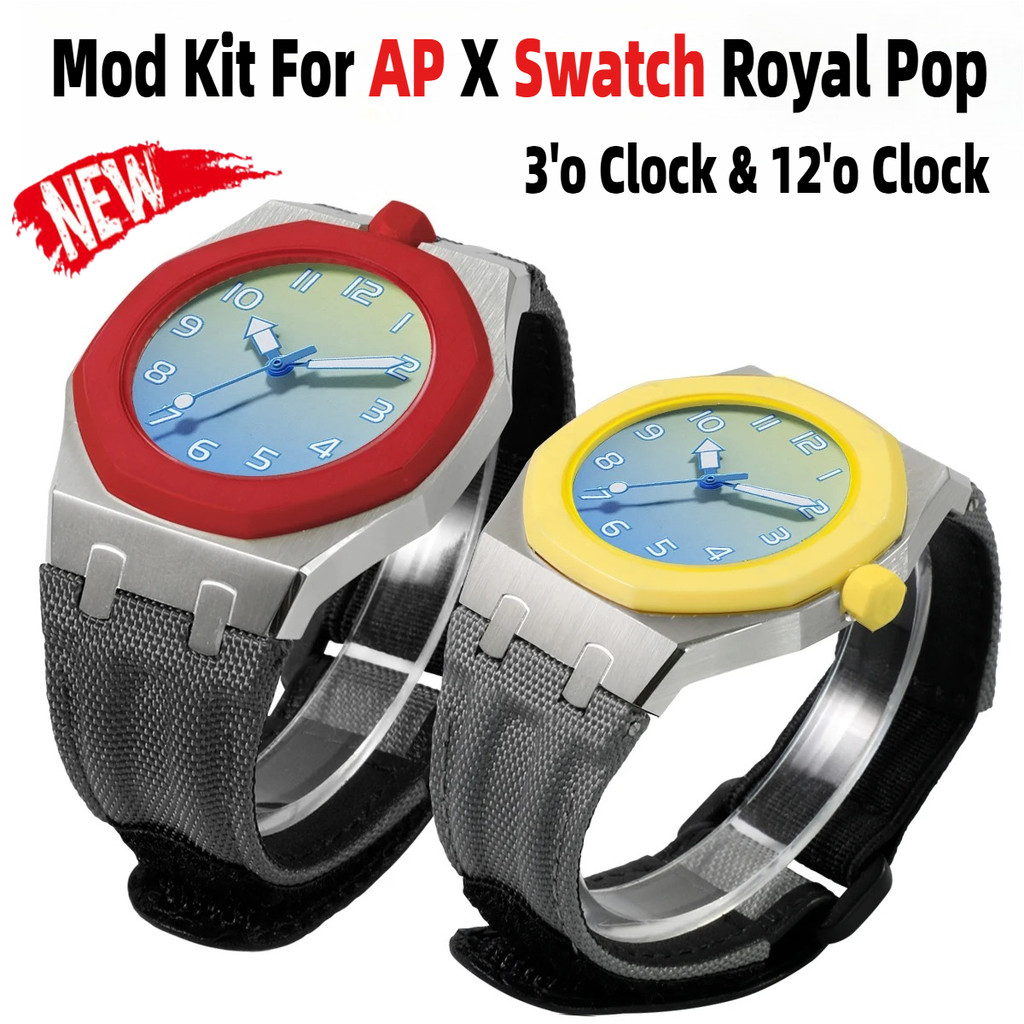 สําหรับ Swatch Royal Pop Case Luxury Modification Kit,สายไนลอนสแตนเลสสตีล 3 นาฬิกา/12 o clock Access