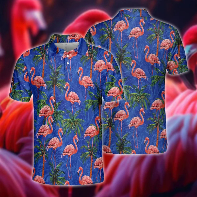 3D พิมพ์น่ารัก Flamingo Beach เสื้อโปโลสําหรับชายดอกไม้ Leaf Bird เสื้อยืดฤดูร้อนสบายๆหลวมแขนสั้น Te