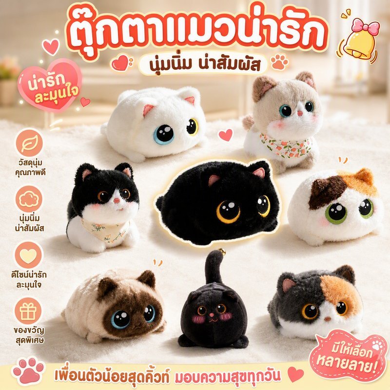 ตุ๊กตาแมวนอนหมอบ ขนนุ่มละมุน อ่อนโยนต่อผิว เติมเม็ดเจล บีบนวด ผ่อนคลาย แมวตาโต พกพา
