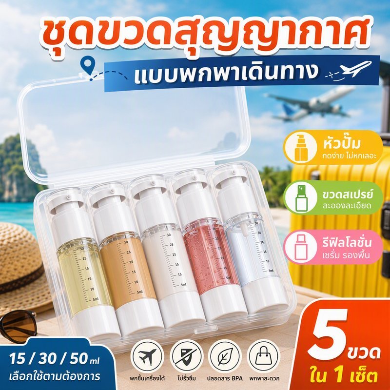 ชุดขวดสุญญากาศ แบบพกพาเดินทาง รีฟิลโลชั่น เซรั่ม รองพื้น หัวปั๊ม ขวดสเปรย์ 15 30 50 ml